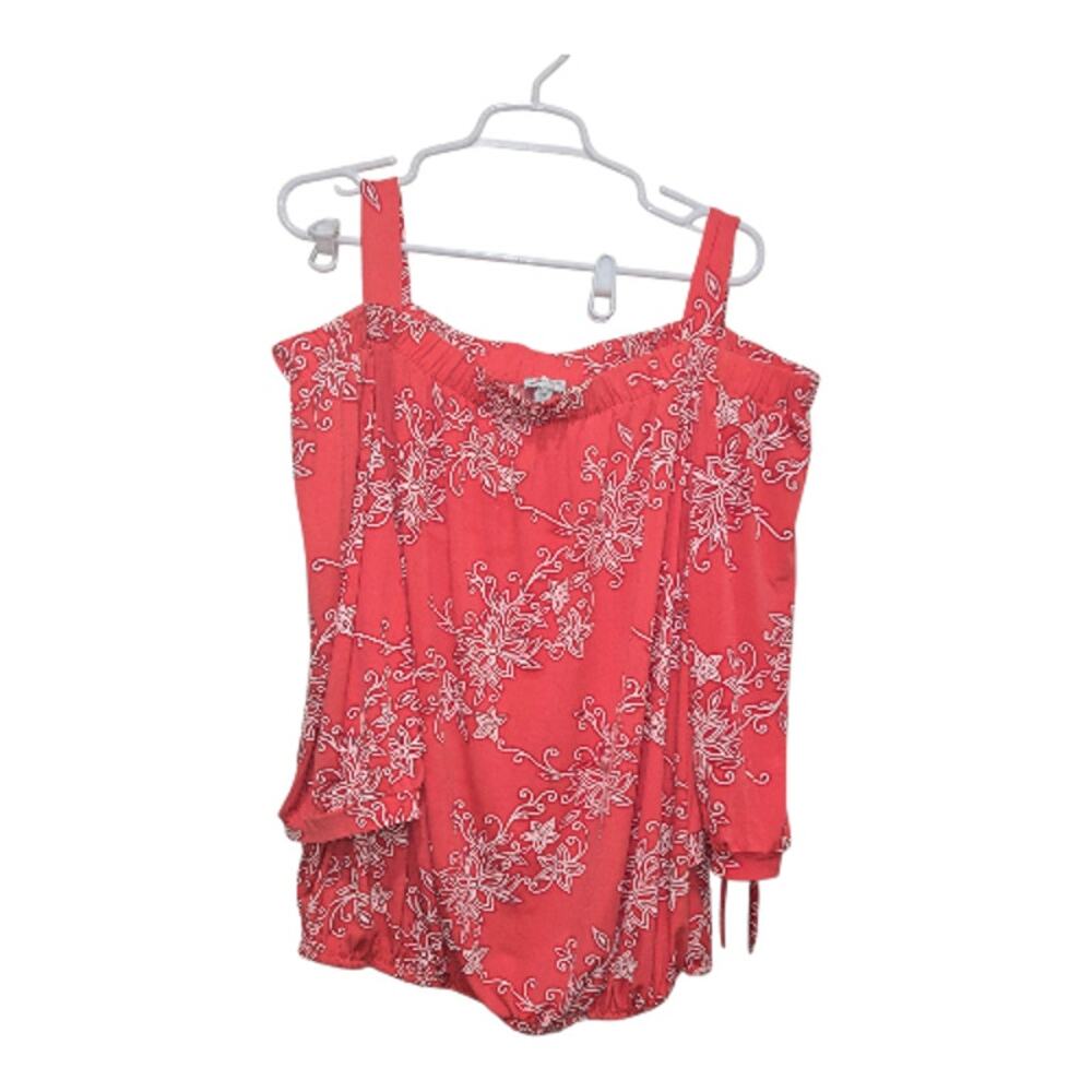 Avenue Plus Size 26 28 Coral Floral Cold Shoulder Tie Sleeve Blouse